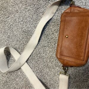 Brown Leather Crossbody Bag with Cream Strap